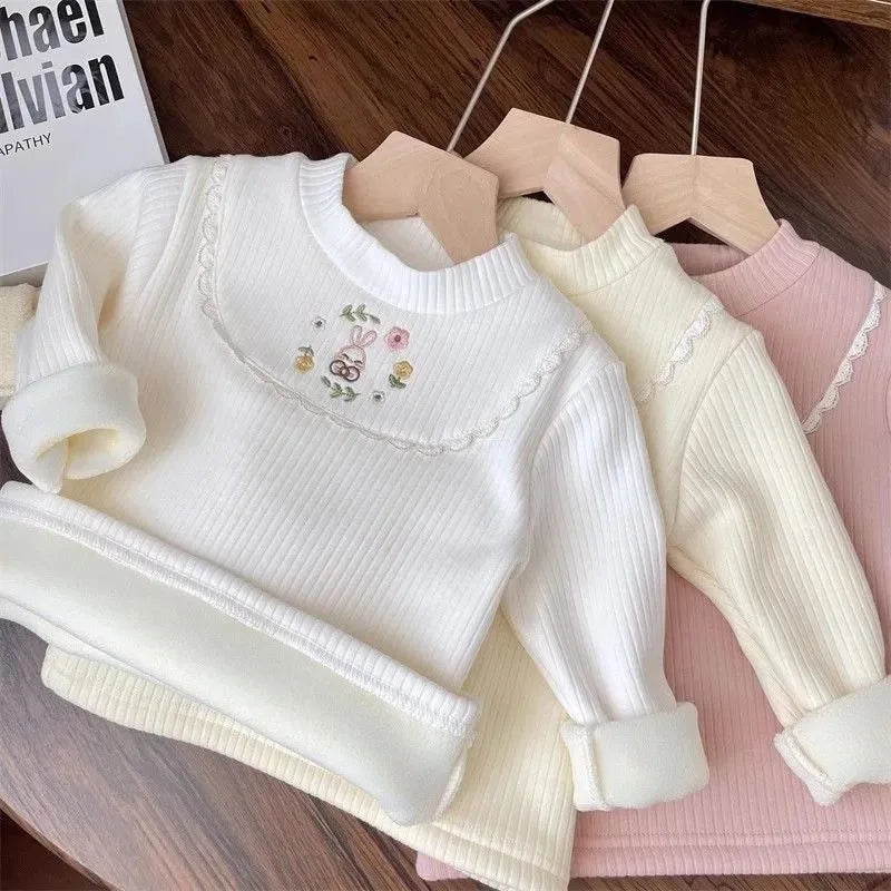 Girls Cartoon Embroidery Velvet Long Sleeve Top – Warm Half-High Collar Base Shirt