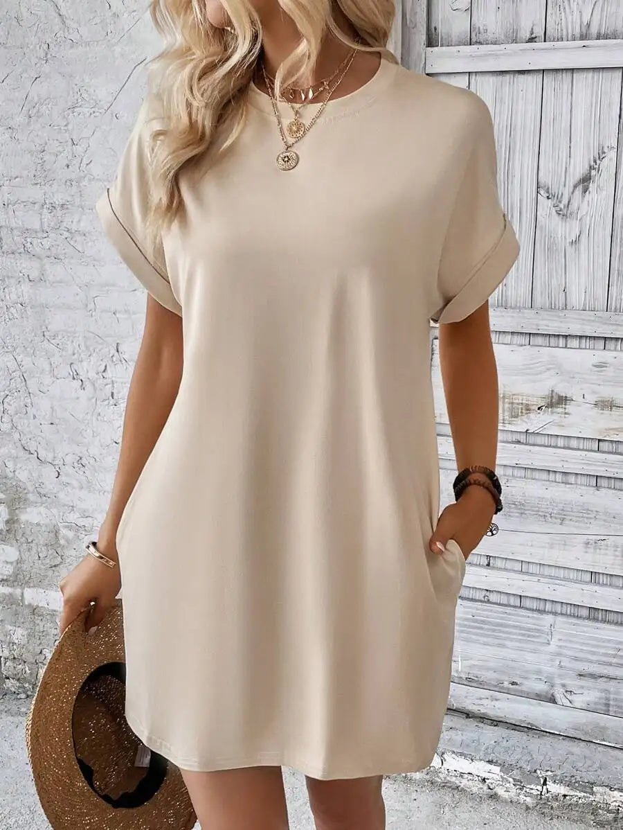 Beige Solid Batwing Sleeve Loose Mini Dress for Casual Summer Wear