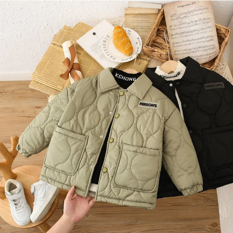Boys Solid Thick Plus Velvet Warm Jacket – Cotton Coat Ages 3–10