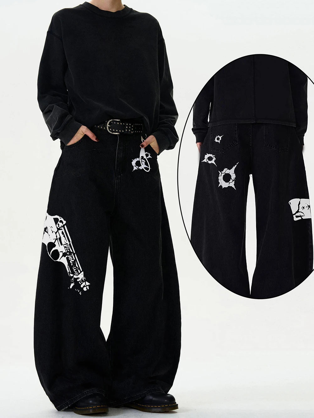 Men's American Baggy Wide Leg Curved Denim Jeans – Loose Solid Color Trendy Trousers