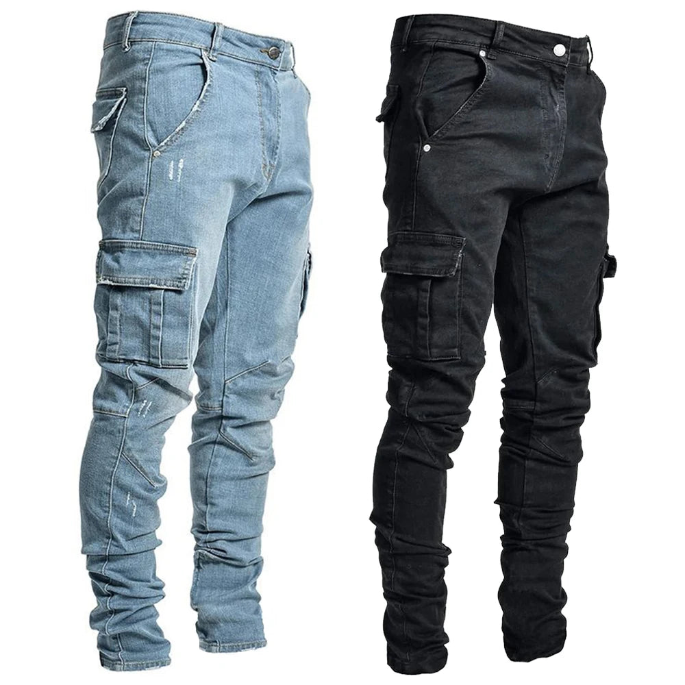 Men's Elastic Denim Cargo Jogger Jeans – Slim Fit Multi-Pocket Street Trousers