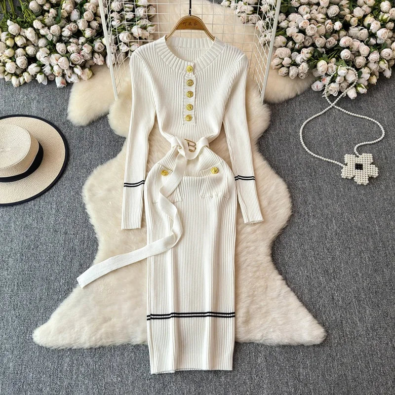 Bodycon Dress Women Dresses Vests Knitted Vestidos Streetwear High Waist Belt Elegant Y2k Work Party Club Spring Autumn Belt