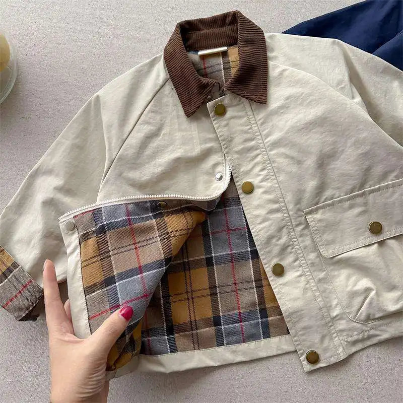 Boys Plaid Spliced Pocket Long Sleeve Jacket – Toddler Outerwear Coat