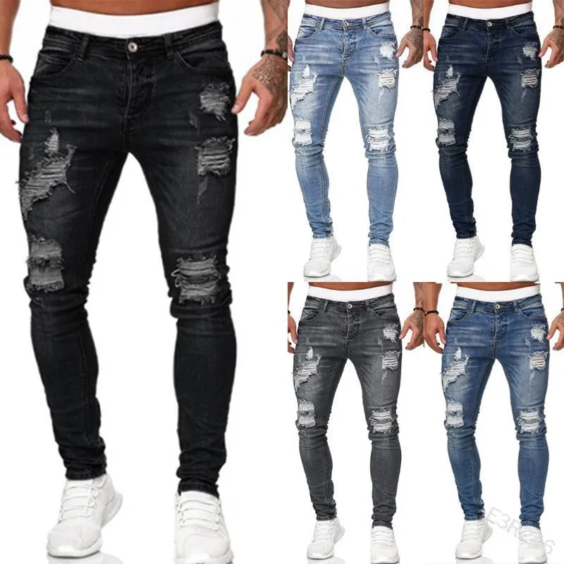 Men's Ripped Skinny Slim Fit Denim Jeans – Vintage Wash Street Style Trousers