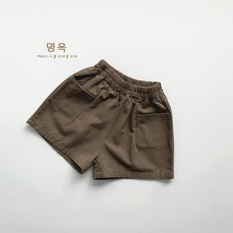 2026 Summer New Children Loose Shorts Solid Vintage Girls Casual Shorts Baby Boys Versatile Pocket Short Pants Kids Clothes