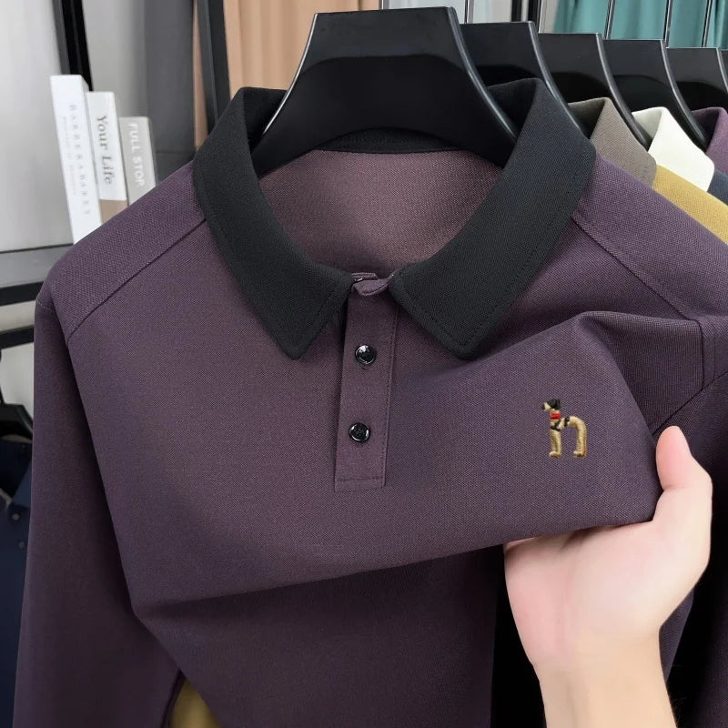Luxury trend long sleeve men's polo shirt brand high-end cartoon dog embroidery autumn new unique color blocked lapel T-shirt