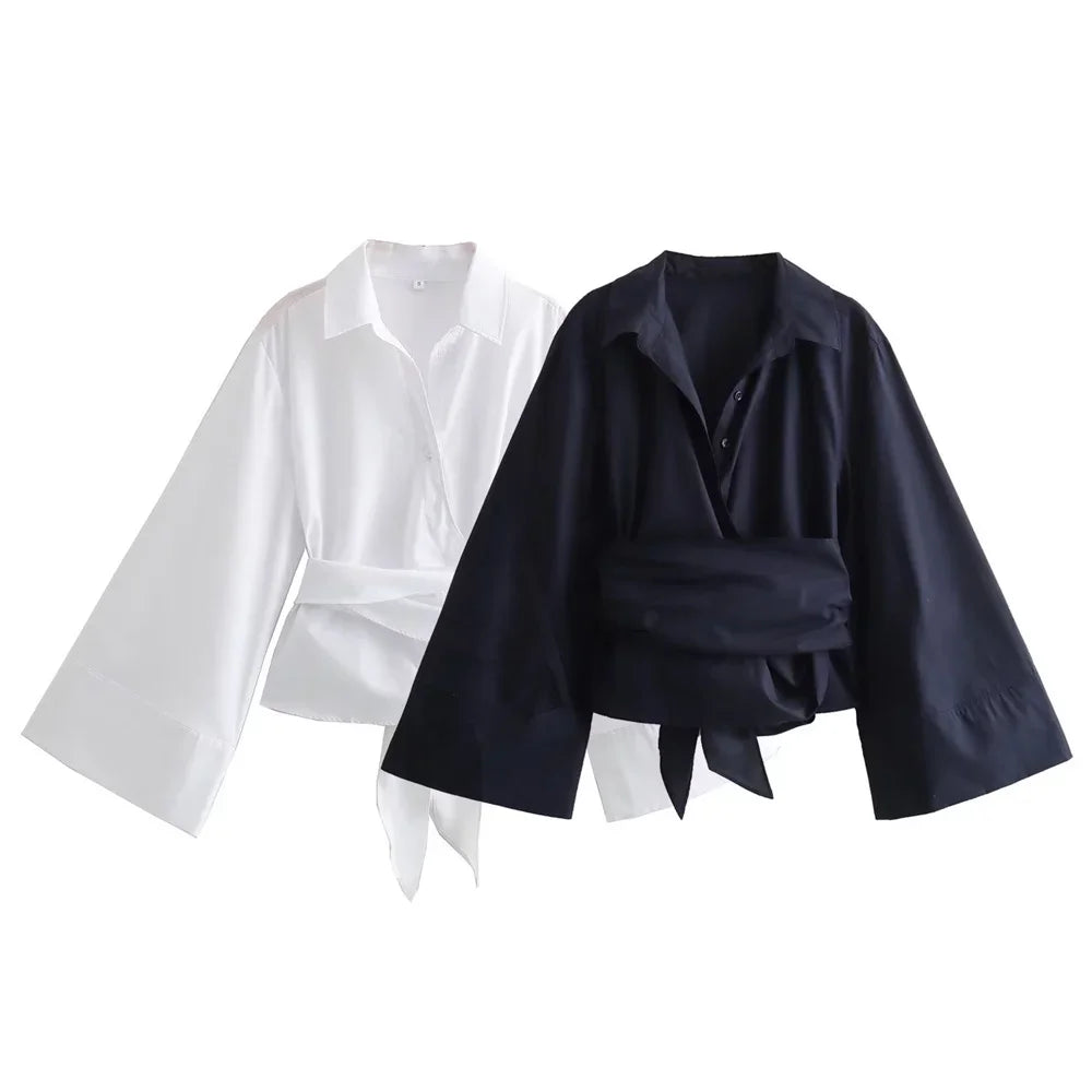 Women's Polo Neck Bow Tie Double-Breasted Poplin Shirt – Fashion Casual Short Top