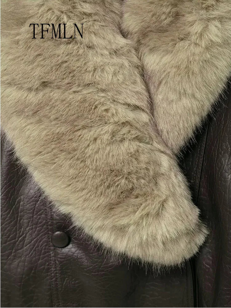 Women's Faux Leather Jacket – Removable Fur Collar Double-Breasted Casual Coat