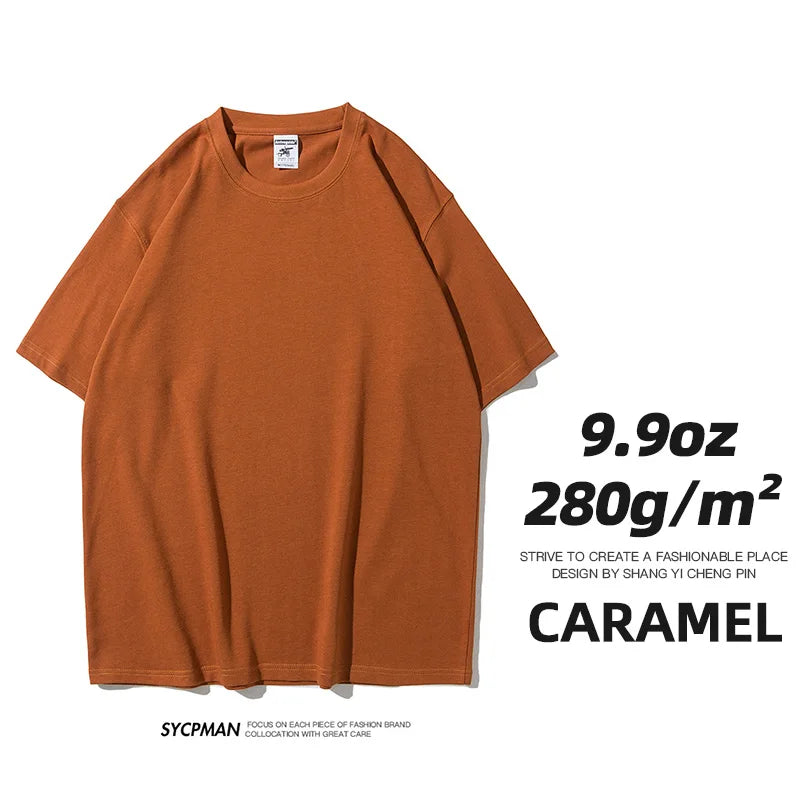 Sypcman Men's Oversized T-Shirt 9.9oz 280 Grams Heavy High Quality Short Sleeve Cotton Tee Solid Color Unisex Streetwear
