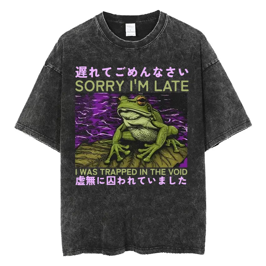 Men's Japanese Frog Retro Washed Oversized T-Shirt – Funny Graphic Streetwear Tee
