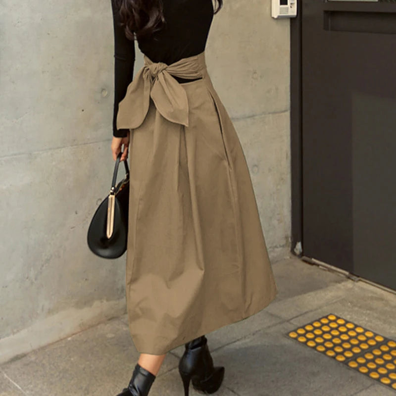 Women's Korean Big Swing Bow High Waist Long Skirt – Solid Color Slim Autumn Skirt