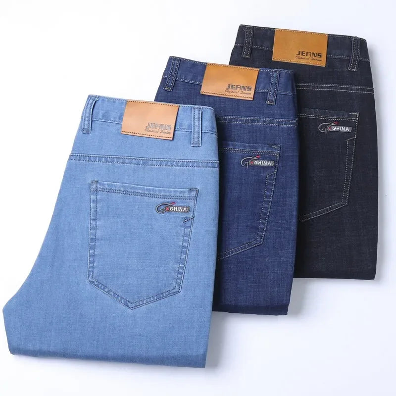 Men's Ice Silk Thin Straight Denim Jeans – Lightweight Business Casual Trousers