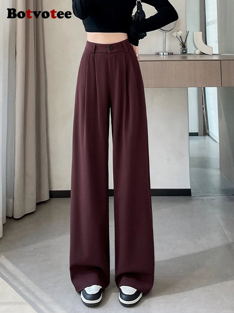 Women's High Waist Wide Leg Suit Pants with Pockets – Elegant Office Lady Trousers
