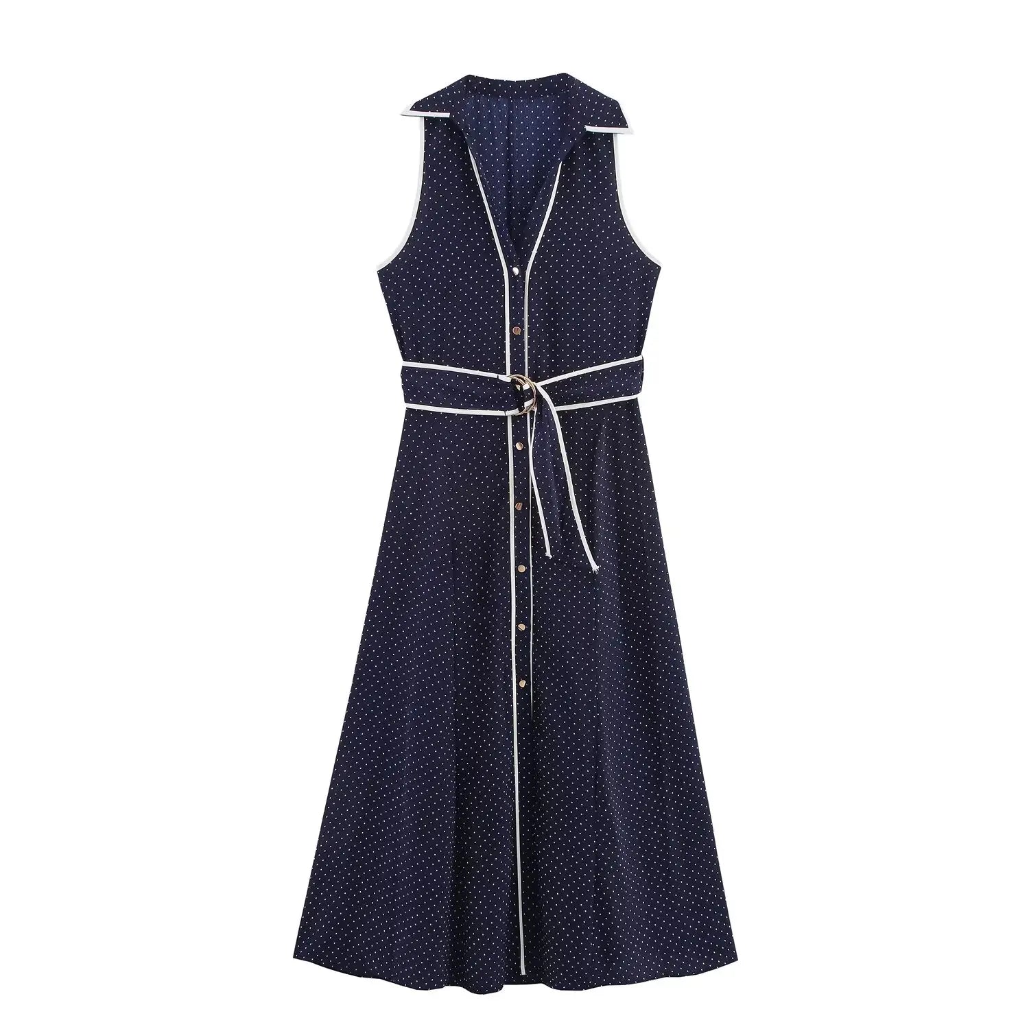 HH Woman Elegant Chic Sleeveless Single-breasted Midi Dress Summer Women Sexy White Polka Dot Shirt Style Chart Dress Mujer
