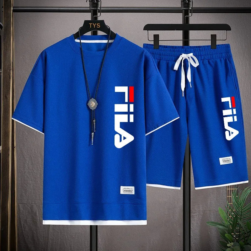 Fashionable printed T-shirt shorts set for men, sporty and comfortable, summer waffle style set