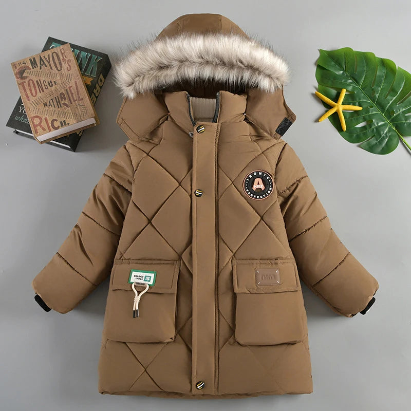 Boys Thick Warm Hooded Down Cotton Coat – Letter Print Winter Jacket Ages 4–10