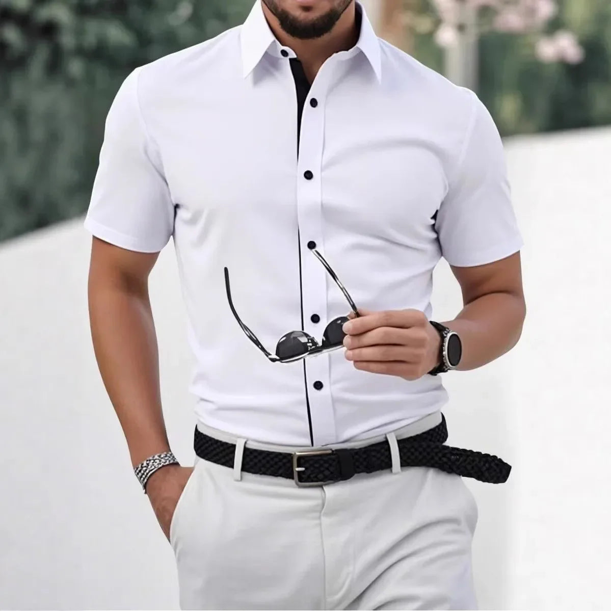 Spring Summer New Men Clothes Short Sleeve 3D Digital Print Button Shirt Men Casual Spell Color Shirt Tops