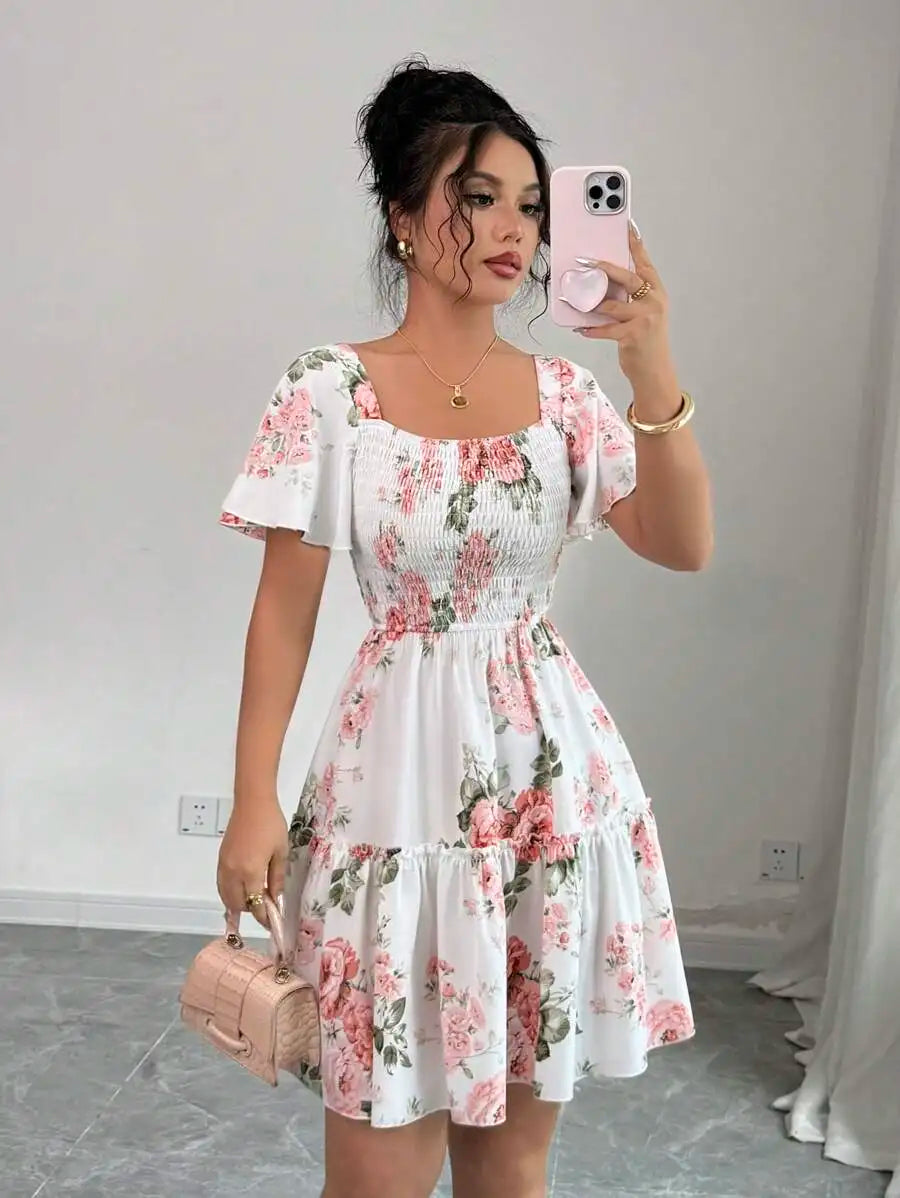 Women's Floral Print Ruffle Hem Short Sleeve Casual Dress – Vacation Evening Style