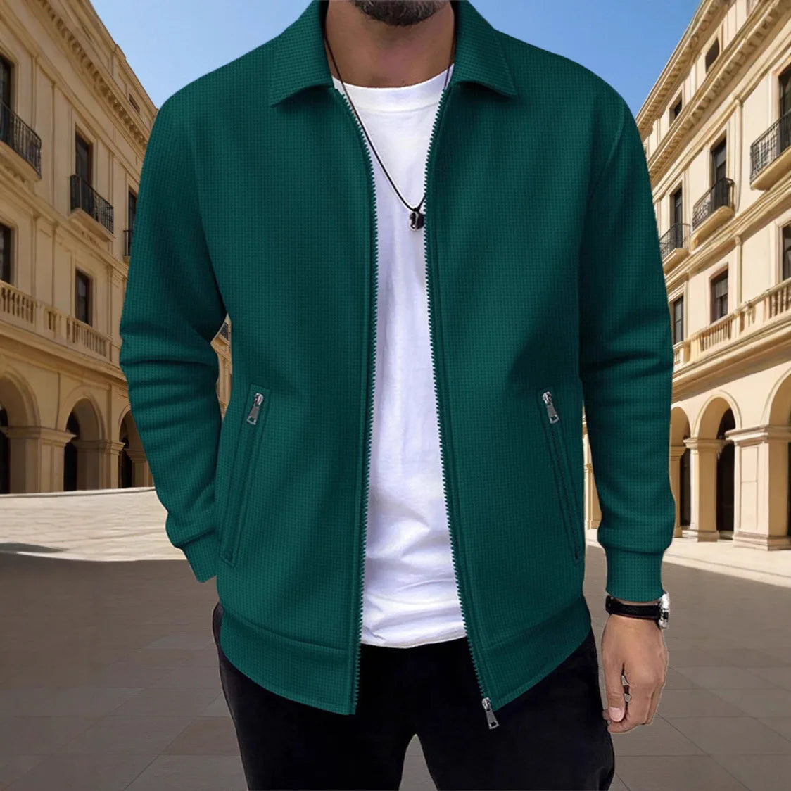 Men's Slim Waffle Texture Zipper Cardigan – Casual Spring Autumn Fashion Top