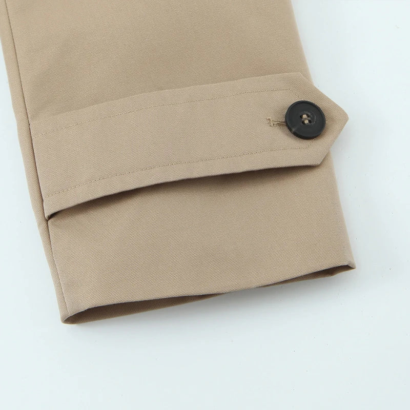 Women's Khaki Double-Breasted Short Trench Jacket – Notched Neck Chic Coat