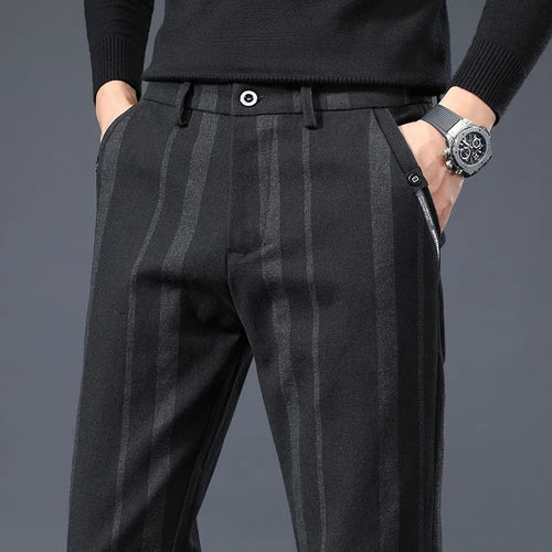 2026 New Men's Grey Vertical Stripe Suit Pants, Business Casual Trousers, Blue-Black Pantalon. Asia Sizes