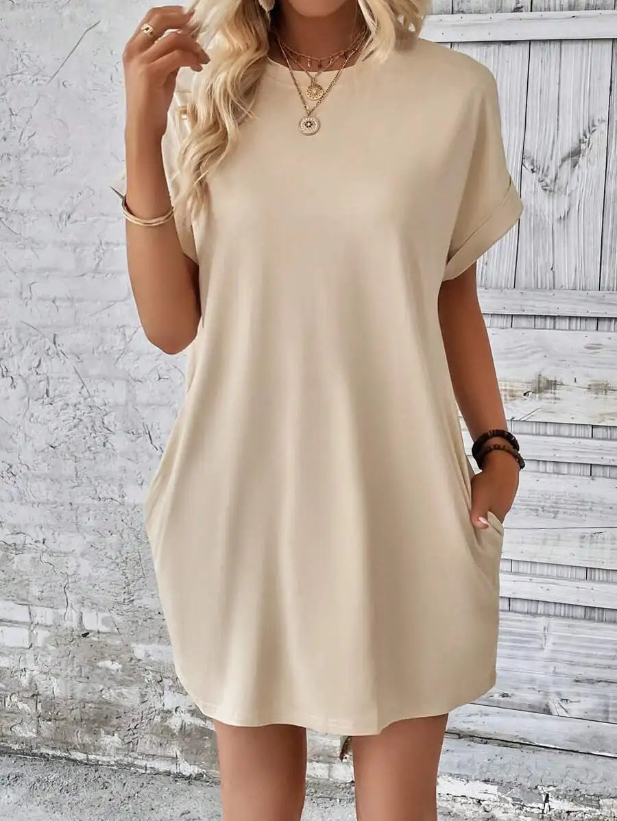 Beige Solid Batwing Sleeve Loose Mini Dress for Casual Summer Wear