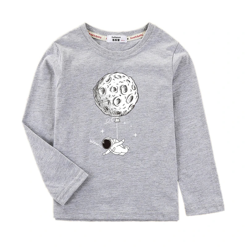 Boys Astronaut Print Long Sleeve T-Shirt – Fun Space Cotton Kids Top