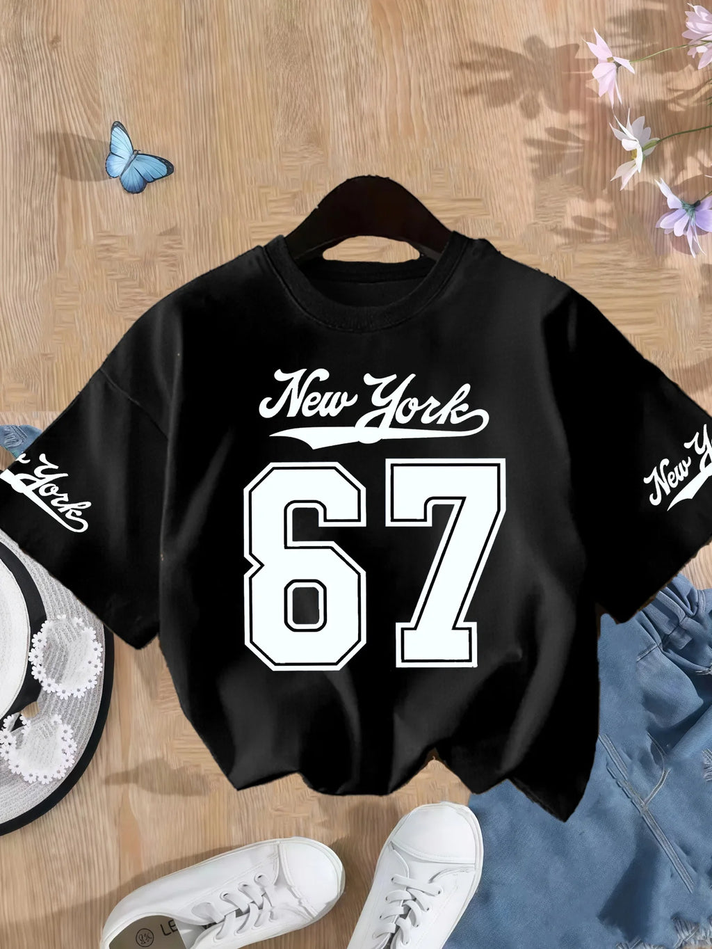 Girls New York Number 67 Print T-Shirt – Pink Cotton Short Sleeve Top