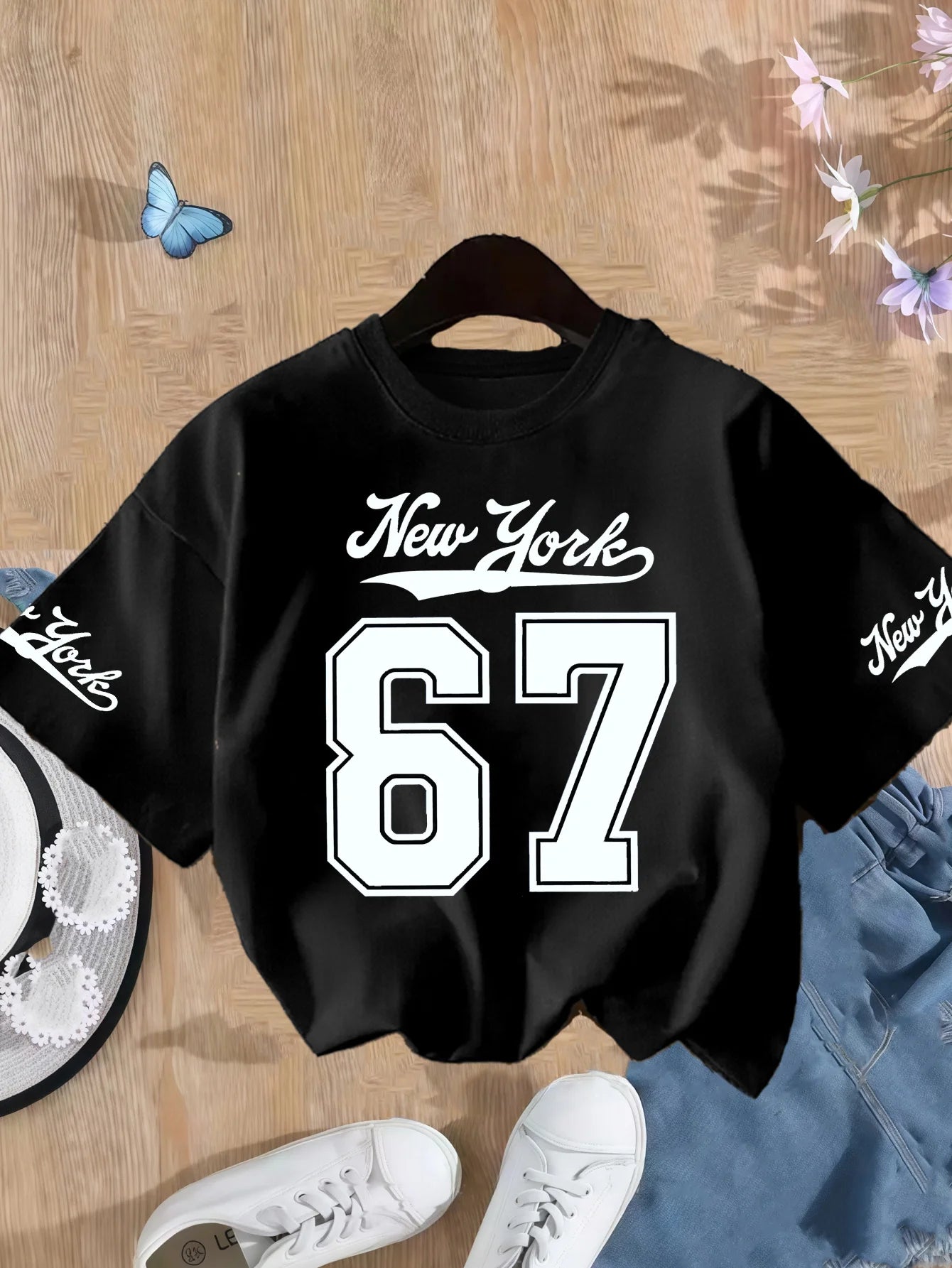 Girls New York Number 67 Print T-Shirt – Pink Cotton Short Sleeve Top