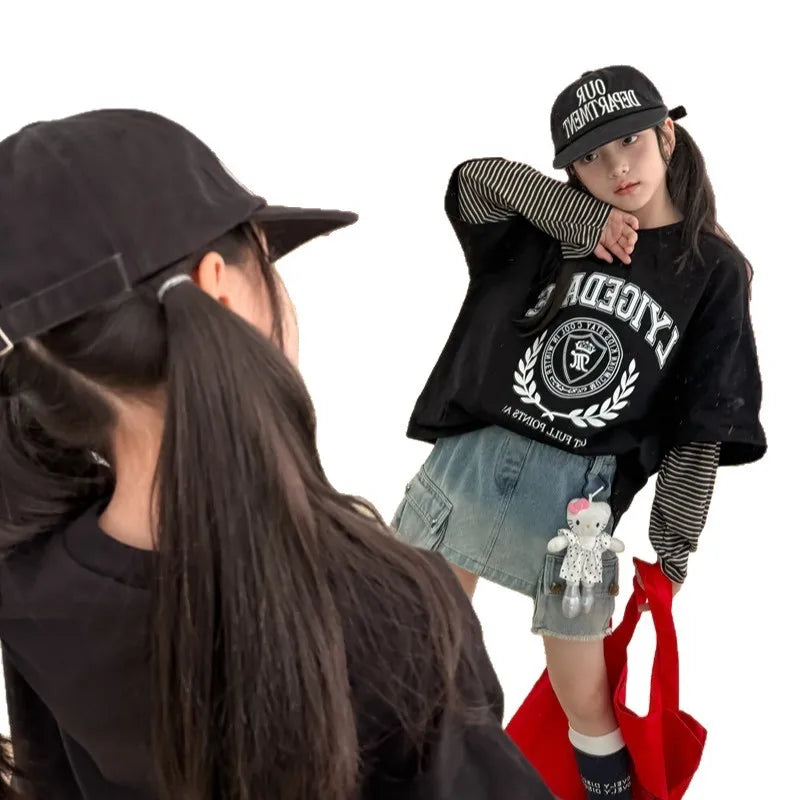 Kids Fake Two-Piece Striped Long Sleeve Top – Oversized Contrast Casual Shirt