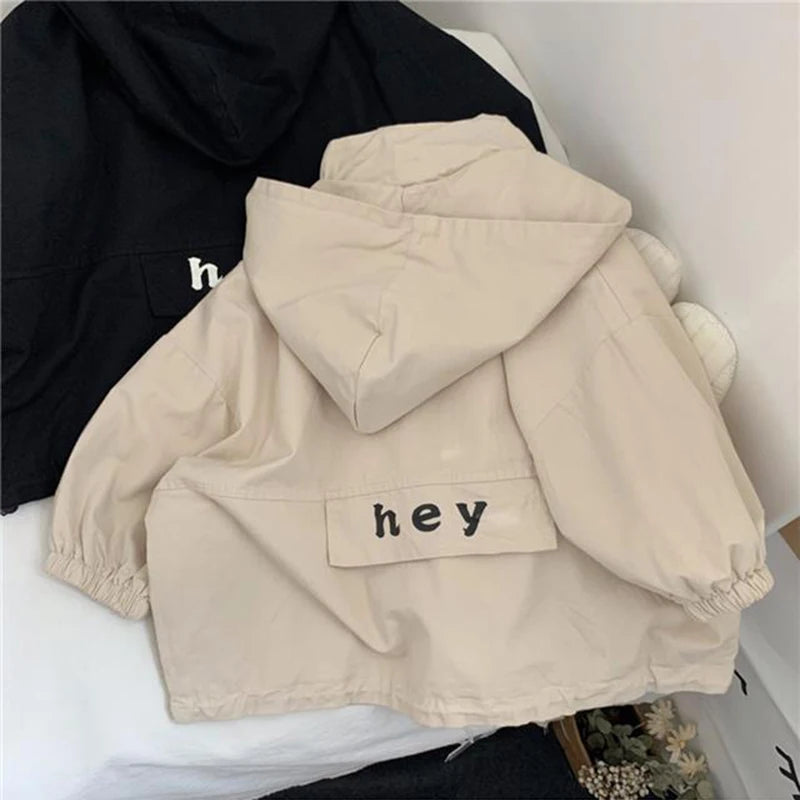 Boys Hooded Letter Windbreaker Jacket – Fashion Long Sleeve Zipper Coat Ages 2–7