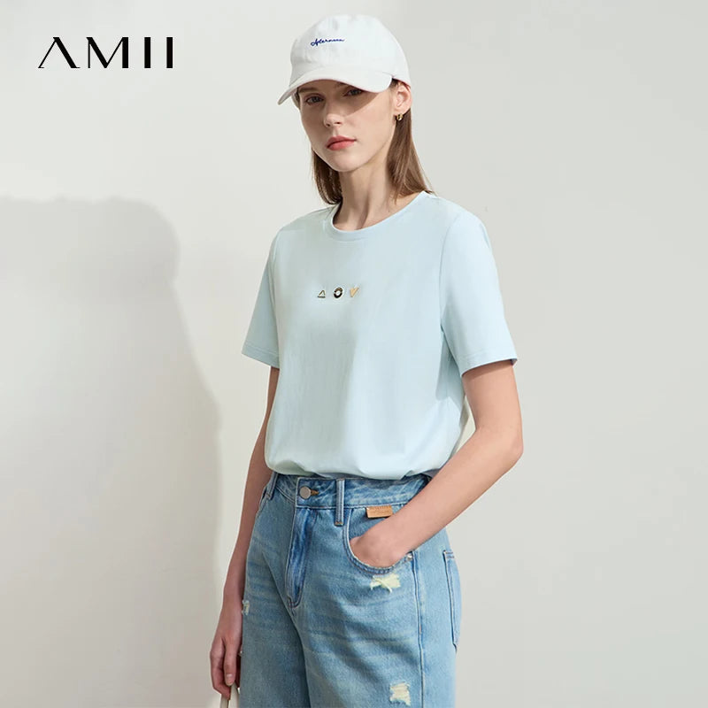 Women's Geometric O-Neck Antibacterial Cotton T-Shirt – Short Sleeve Casual Elastic Tee