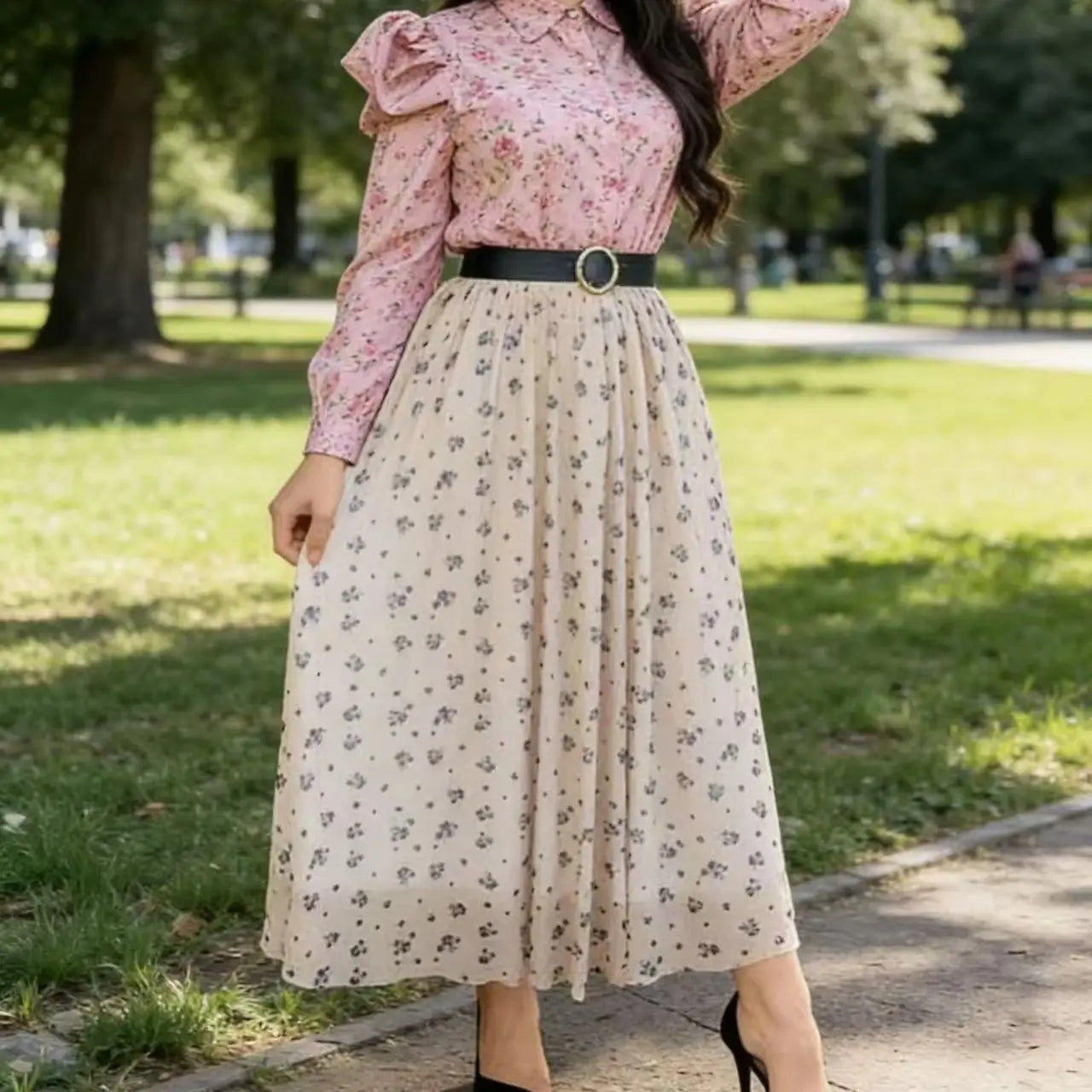 Plus Size Women's Fashion Casual Elastic Waist Mesh Small Floral Straight Skirt Loose Breathable Commuter Skirt (Belt Not Included)hable Commuter Skirt