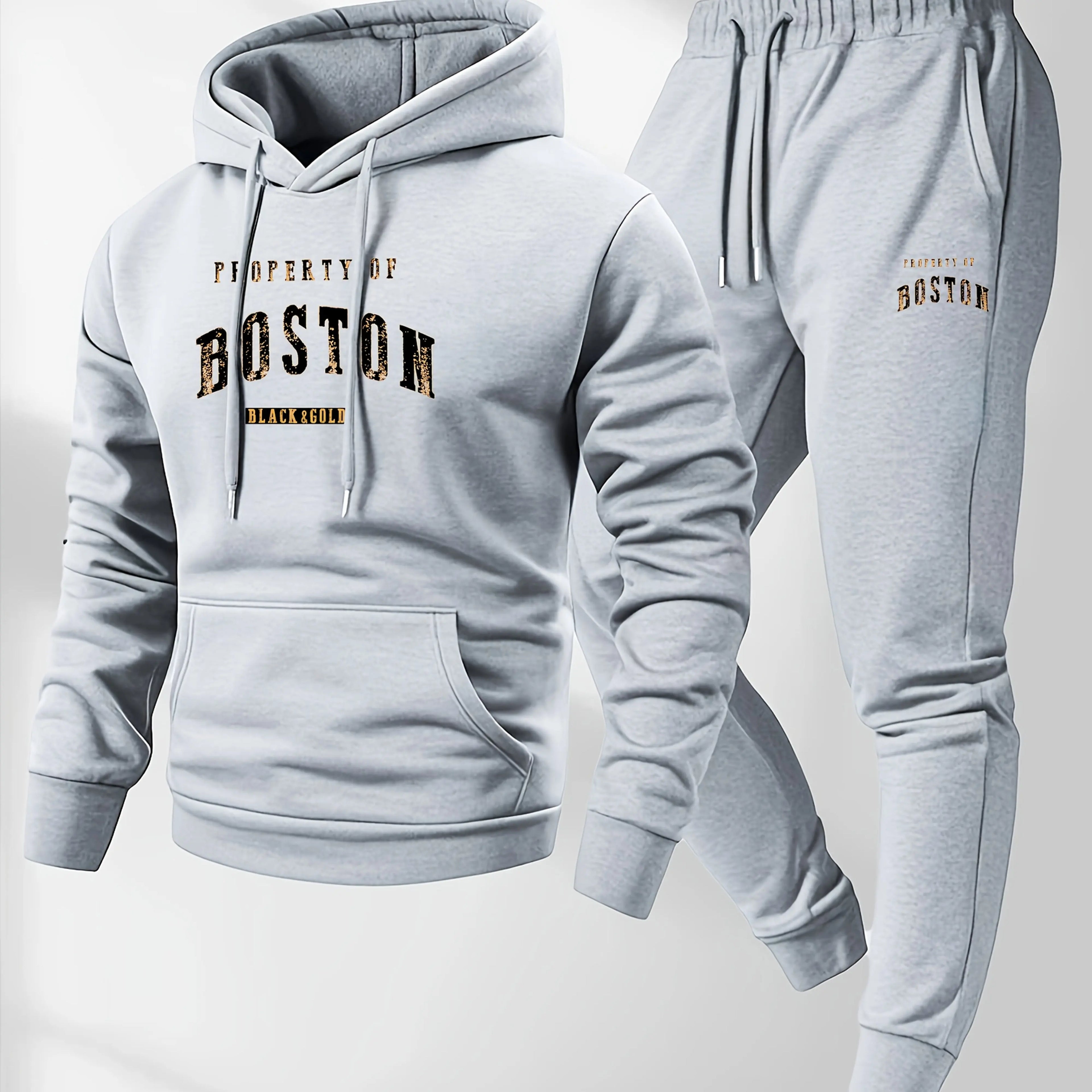 Men's Boston print hooded sweatshirt and sweatpants soft and comfortable thin velvet warm sweatpants set autumn and winter