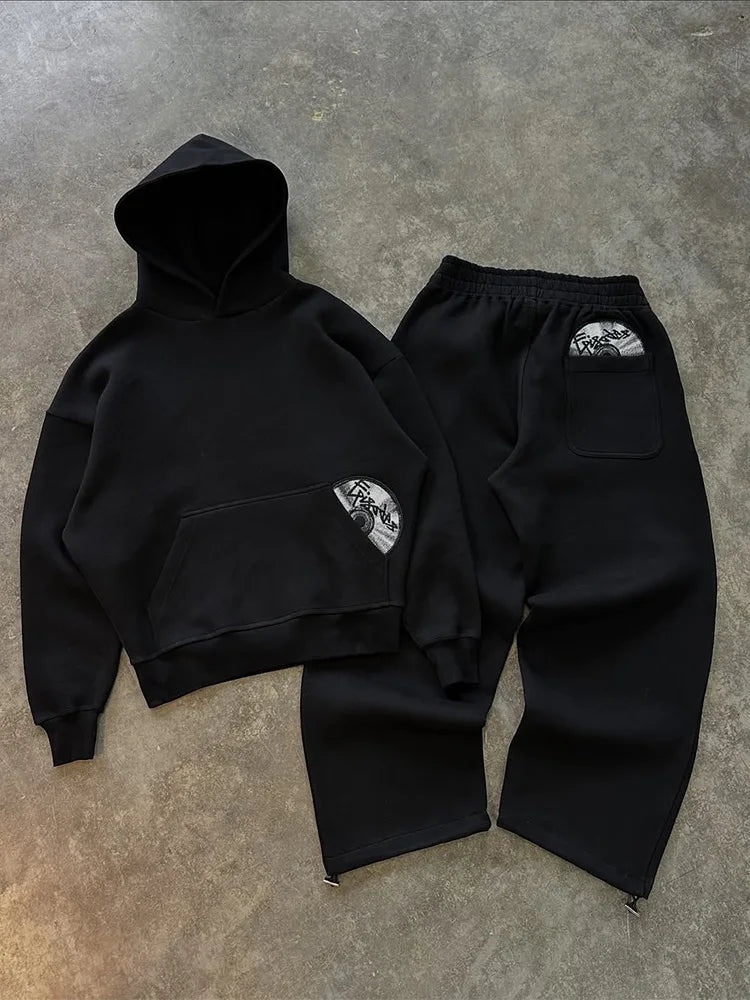 2026 Trendy High Street Retro Casual Streetwear Men's Sports Suit Y2K Harajuku Embroidered Hoodie men Hip-hop Loose Sweatpants