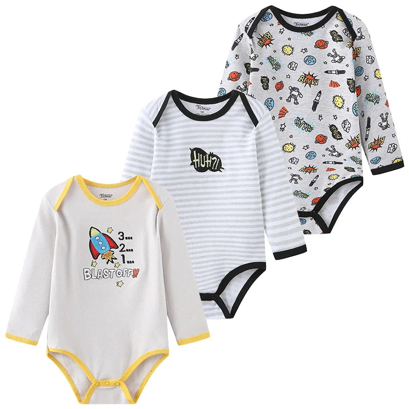 Newborn Cartoon Long Sleeve Bodysuit – 100% Cotton Baby Onesie 3-Pack