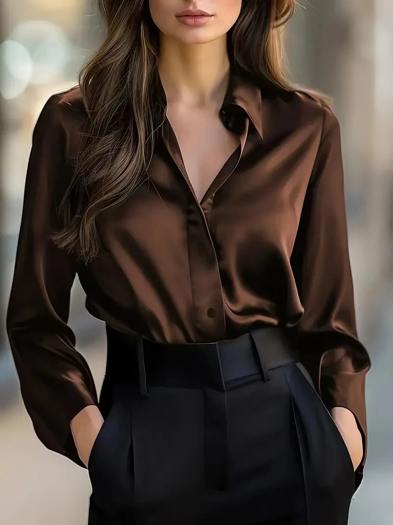 Women's Elegant Satin Long Sleeve Blouse – Button-Up Collar Casual Professional Shirt