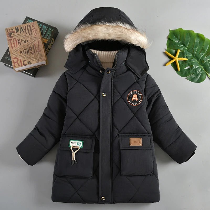 Boys Thick Warm Hooded Down Cotton Coat – Letter Print Winter Jacket Ages 4–10
