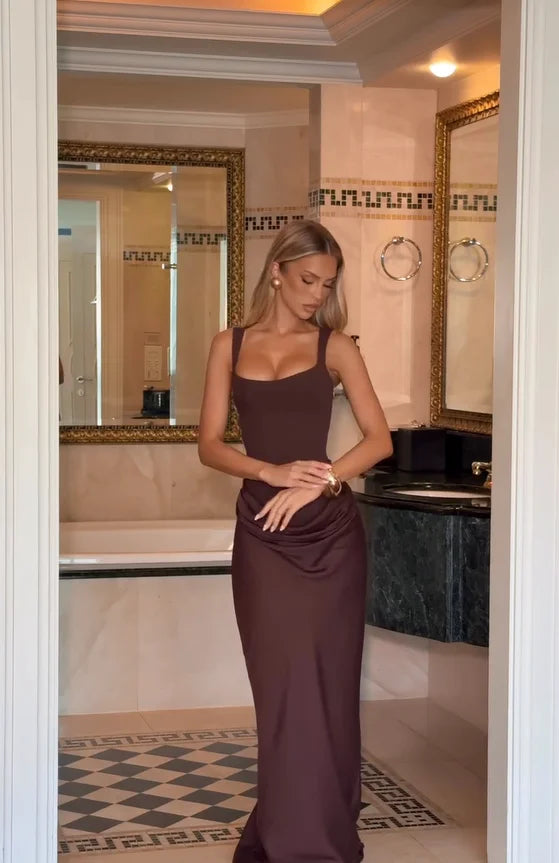 Women's Square Neck Sleeveless Pleated Sling Dress – Off-Shoulder Waist Cinching Evening Gown