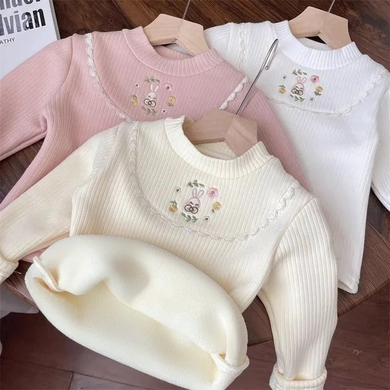 Girls Cartoon Embroidery Velvet Long Sleeve Top – Warm Half-High Collar Base Shirt