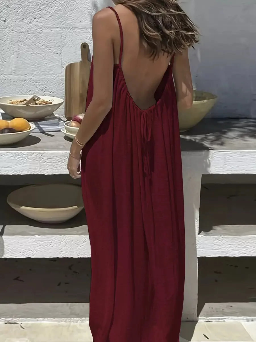 Women's Loose Spaghetti Strap Casual Summer Dress – Solid Color Vacation Homewear