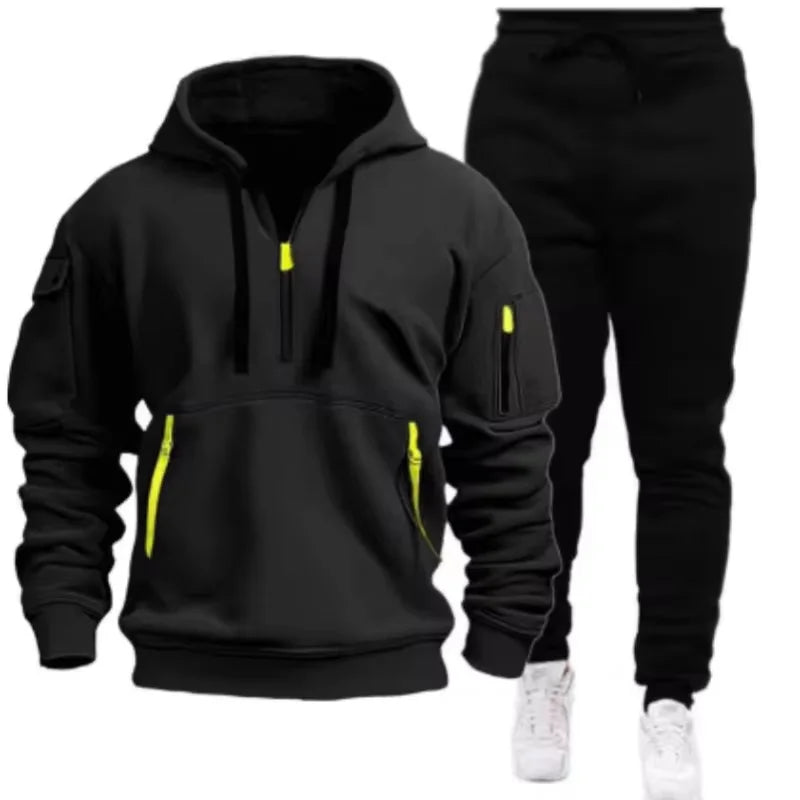 Men's Multi-Pocket Hoodie & Jogger Pants Set – 2-Piece Fitness Tracksuit