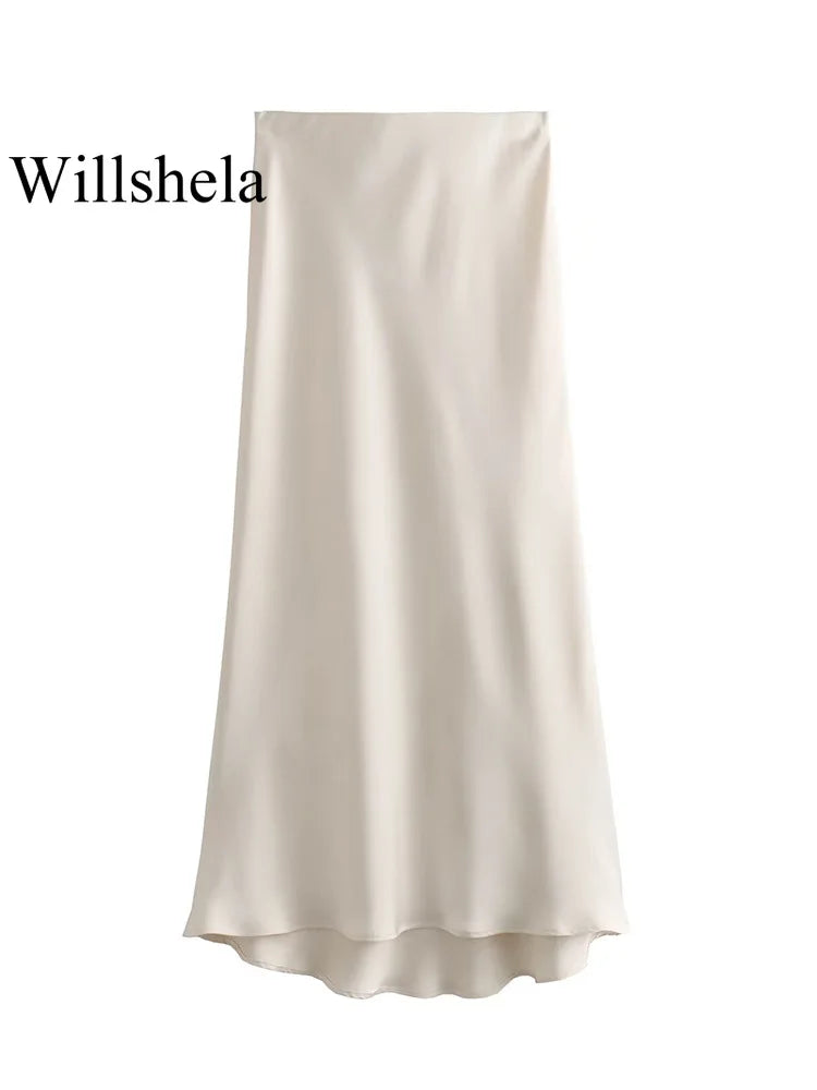 Women's Black Satin High Waist Midi Skirt – Elegant Office Summer Skirt