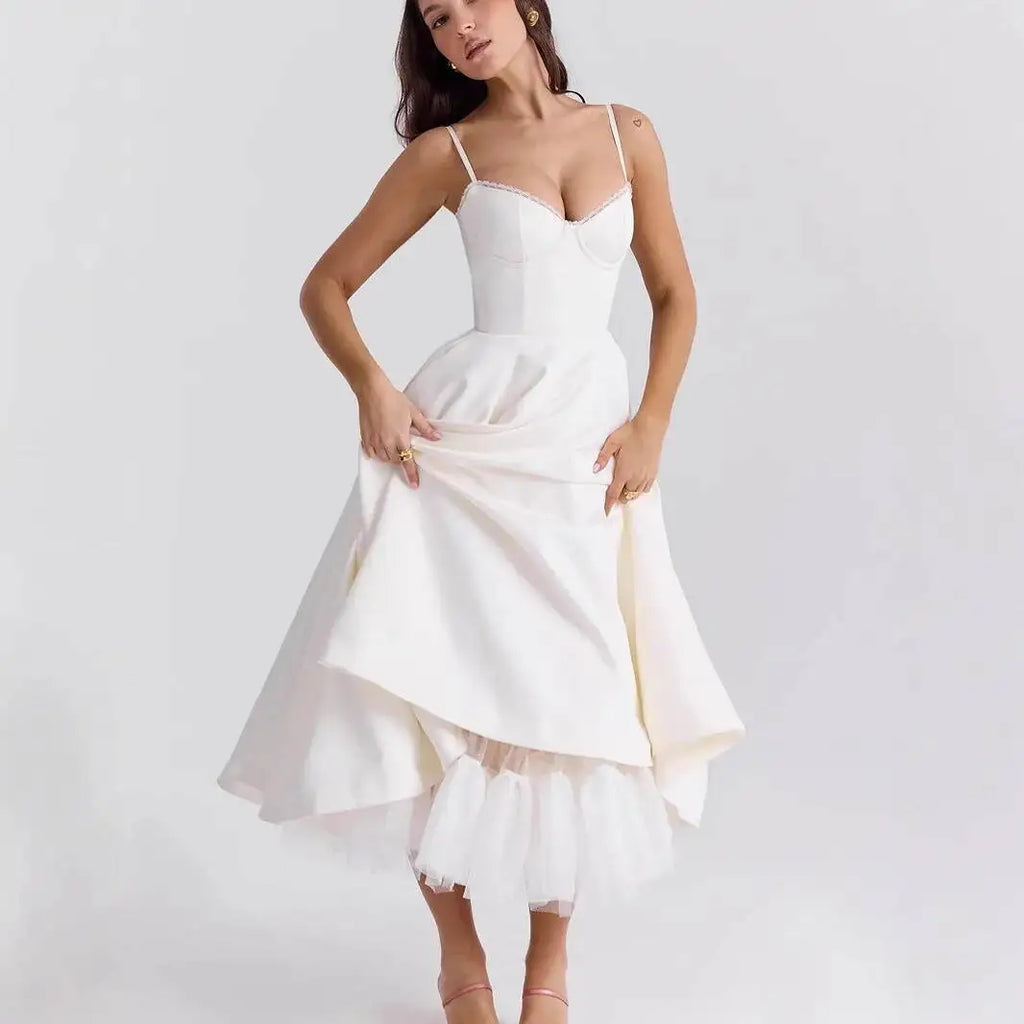 Women's Satin Strapless French Midi Dress – High-End Waist Strap Sexy Elegant Gown