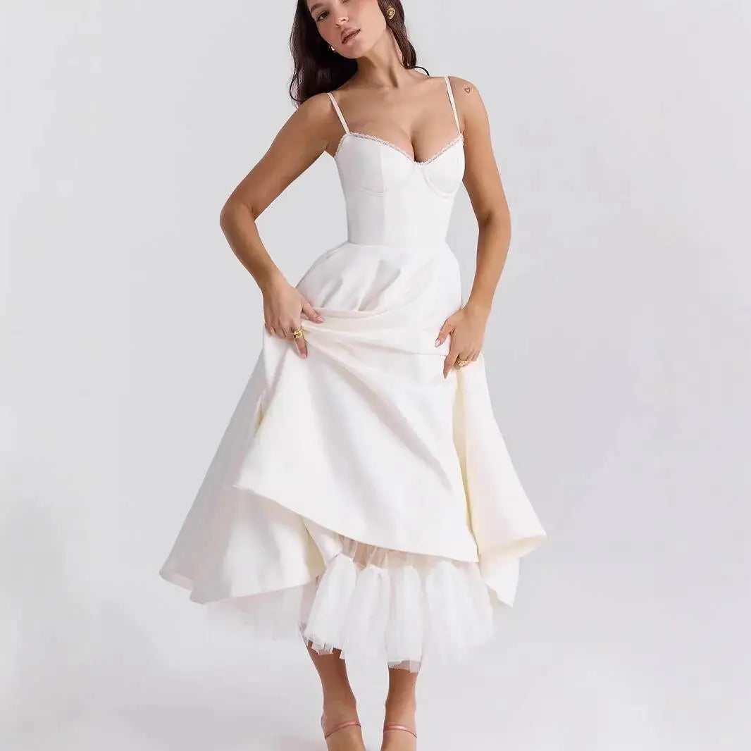 Women's Satin Strapless French Midi Dress – High-End Waist Strap Sexy Elegant Gown