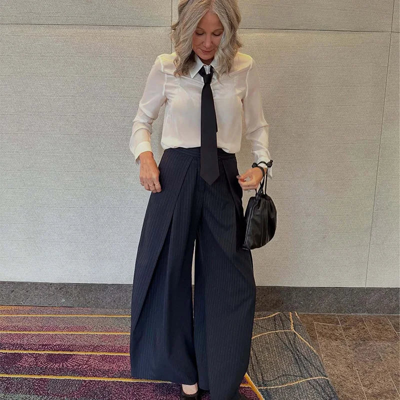 Women's Minimalist Pleated Stripe Wide Leg Suit Pants – Casual Office Oversize Trousers