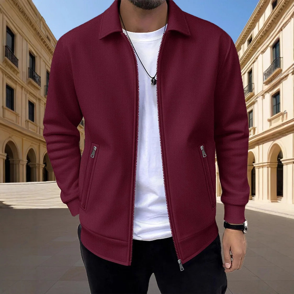 Men's Slim Waffle Texture Zipper Cardigan – Casual Spring Autumn Fashion Top