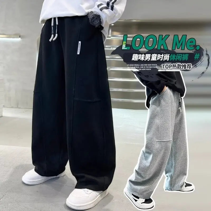Spring 5-14Y Kids Wide Leg Sweatpants Teenage Boys Sports Pants Streetwear Fashion Loose Trousers Children Elastic Waist Pants