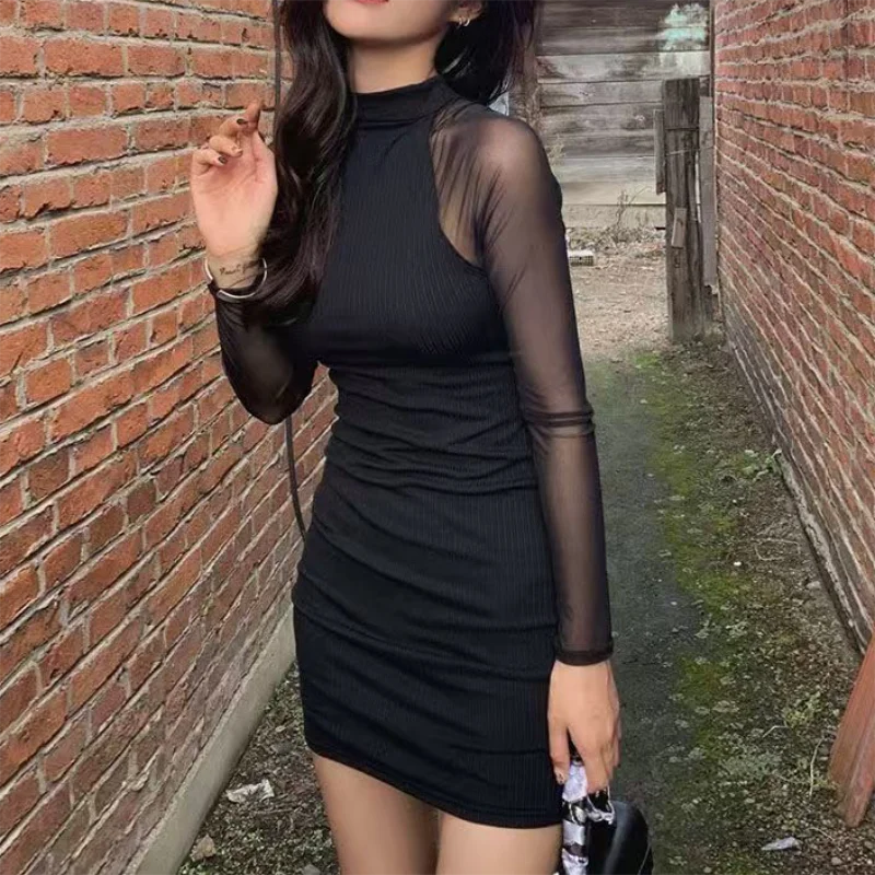 Mesh Patchwork Half High Neck Women Dresses Black Fashion See Through Long Sleeve Skinny Clubwear Female Mini Dress Bodycon