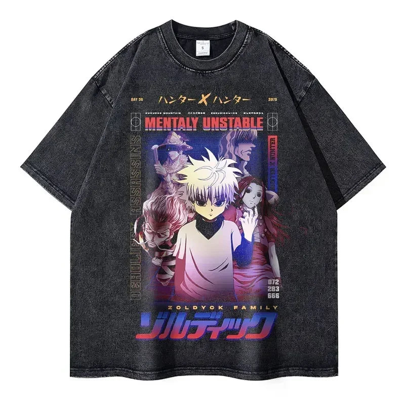 Kurapika T-shirts Vintage Washed Anime Hunter T Shirt Oversize Manga Killua Zoldyck Gon Hisoka Chrollo Tops Tees Men 100% Cotton